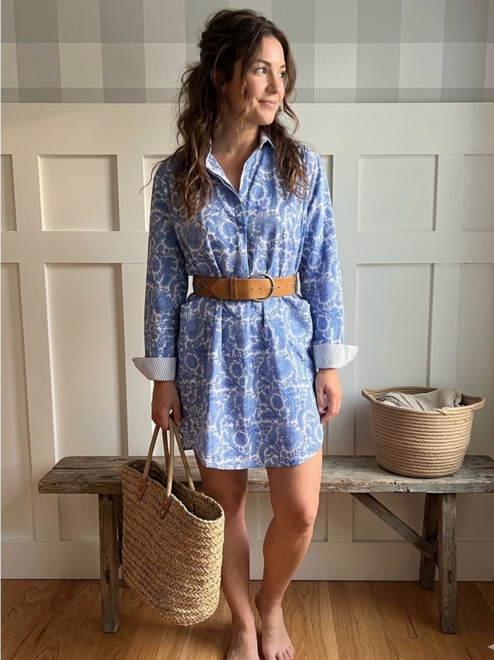 Bliss Blue Cotton Floral Button-Front Tunic Dress XS